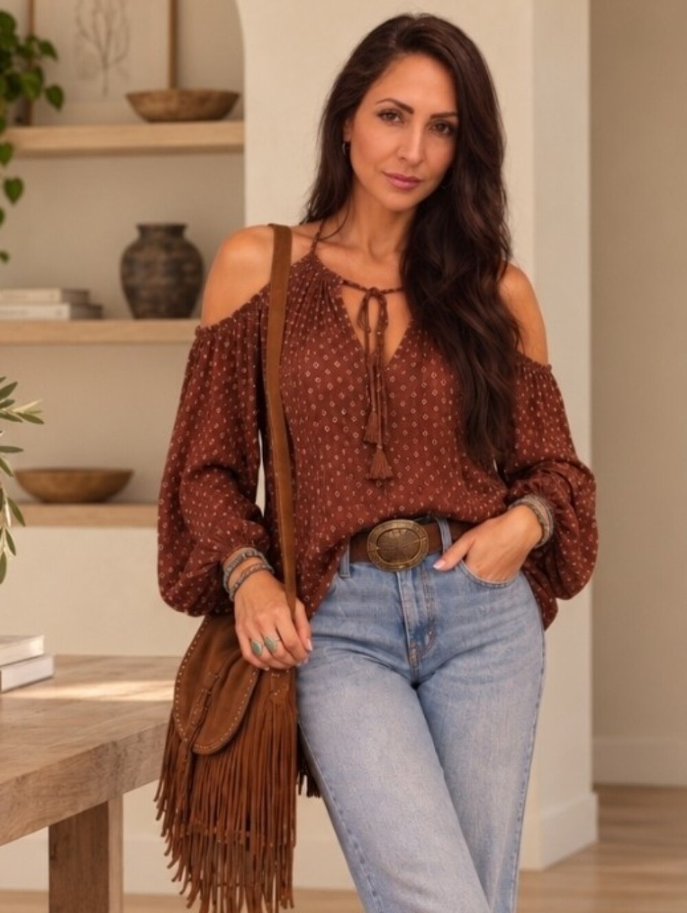 Abercrombie & Fitch Brown Cold-Shoulder Printed Blouse